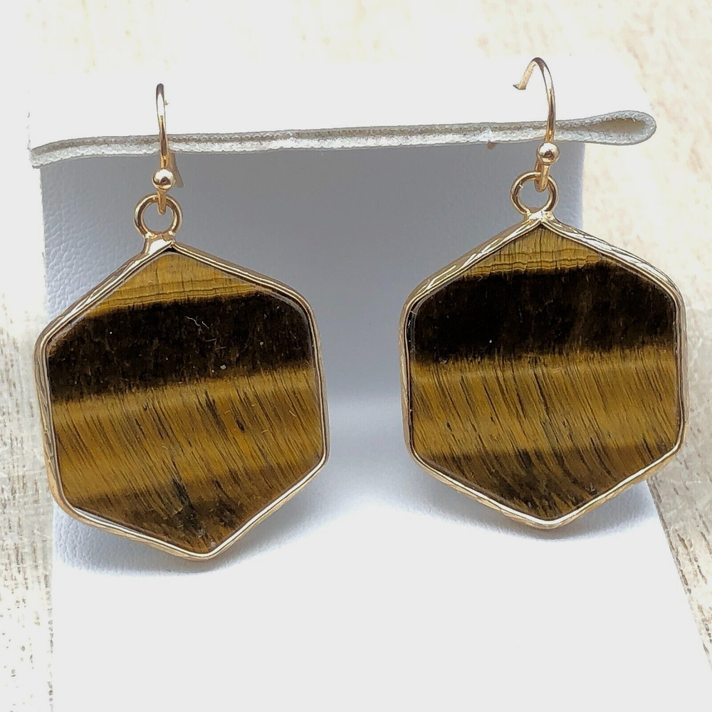 Tiger Eye Earrings Natural Chatoyant Cats Eye Hexagon Brown Gemstone Drop Dangle